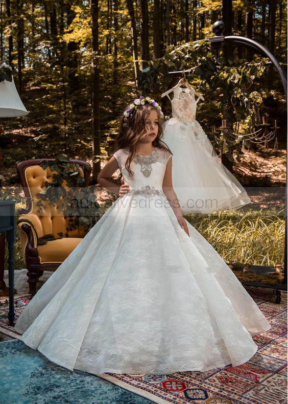 Beaded Ivory Lace Floor Length Flower Girl Dress School Party Dress